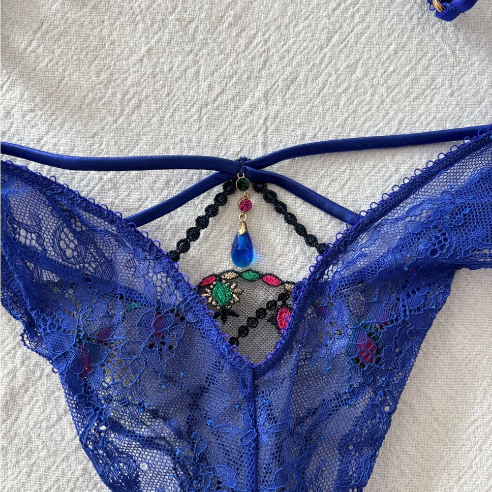 Honey Birdette Leah ! 34B , M, S, Black and Blue Embroidered Bra Set Christmas! - Picture 11 of 15
